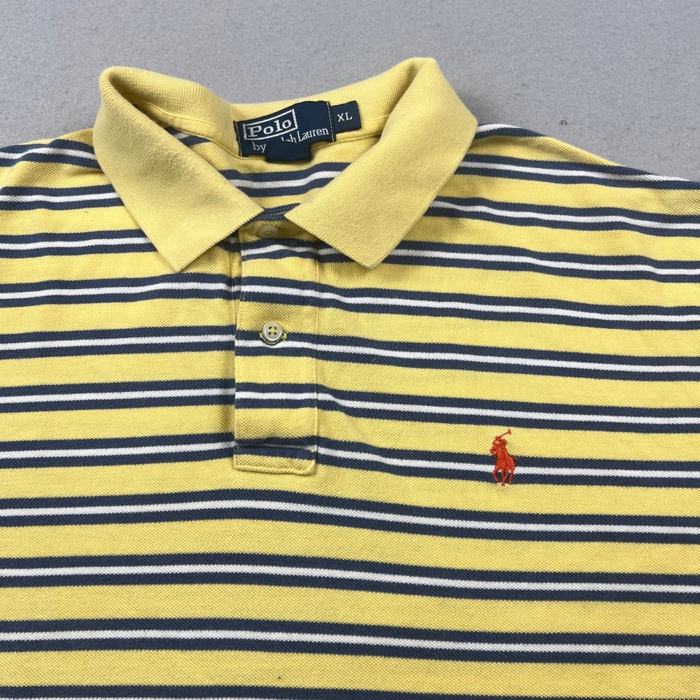 Polo Ralph Lauren Polo Shirt Mens XL Yellow Striped Cotton Pique Preppy Classic - Picture 3 of 8